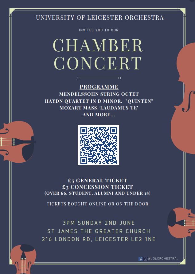 Join the University of Leicester Orchestra for an enchanting Chamber Concert at St. James the Greater Church on Sunday the 2nd of June at 3pm! 🎶 🎫 Reserve your tickets via Fixr or purchase on the door card or cash. ✨We can’t wait to share this musical experience with you! ✨