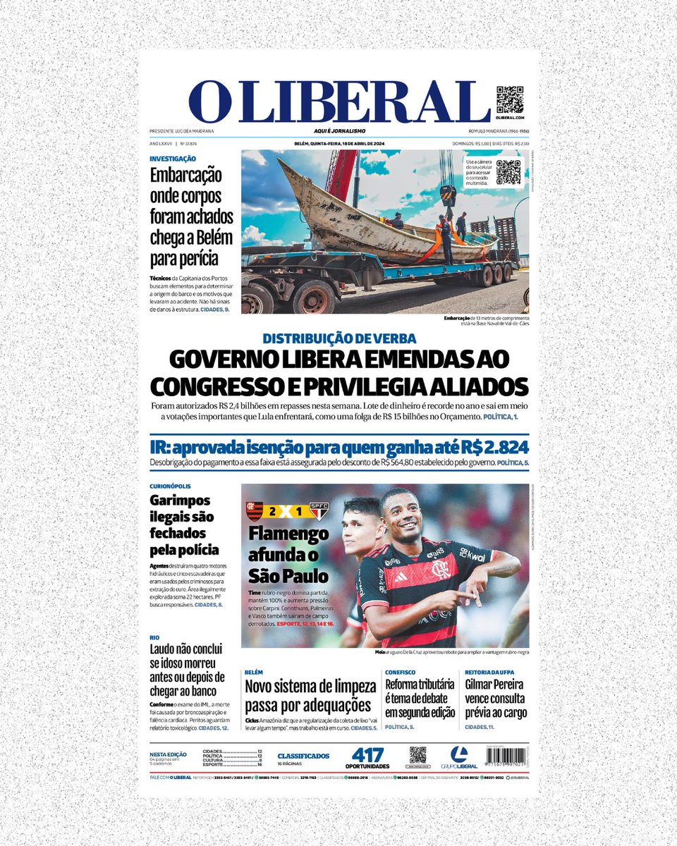 oliberal's tweet photo. 🗞️ Olá, seguidor!
Esta é a capa do Jornal O Liberal desta quinta (18).
Acesse em https://t.co/DT9Gj38UoH
#oliberal #grupoliberal https://t.co/2R3AsjXYKs