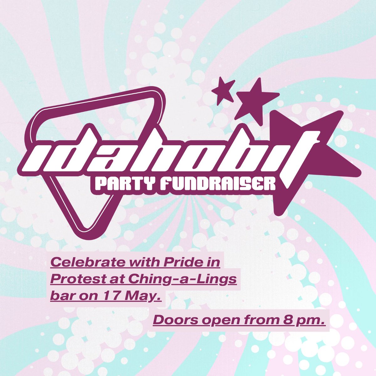 ✨ JOIN US AT OUR FUNDRAISER PARTY ✨

Celebrate IDAHOBIT (Friday, 17 May 🌈✨) for Pride in Protest’s way past radical Party Fundraiser!! 💾👩‍💻💽🕴️