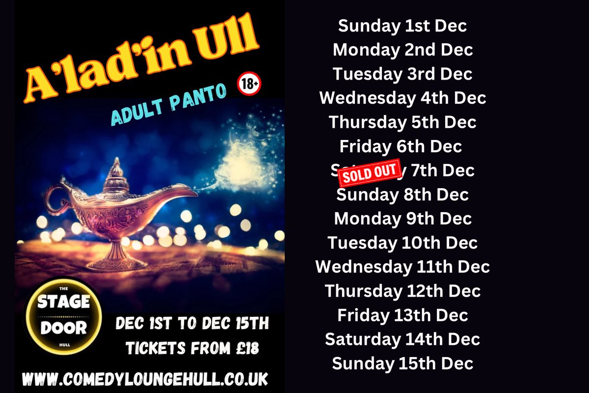 We have sold out one night and panto after realising tickets! Be quick! 

comedyloungehull.co.uk
