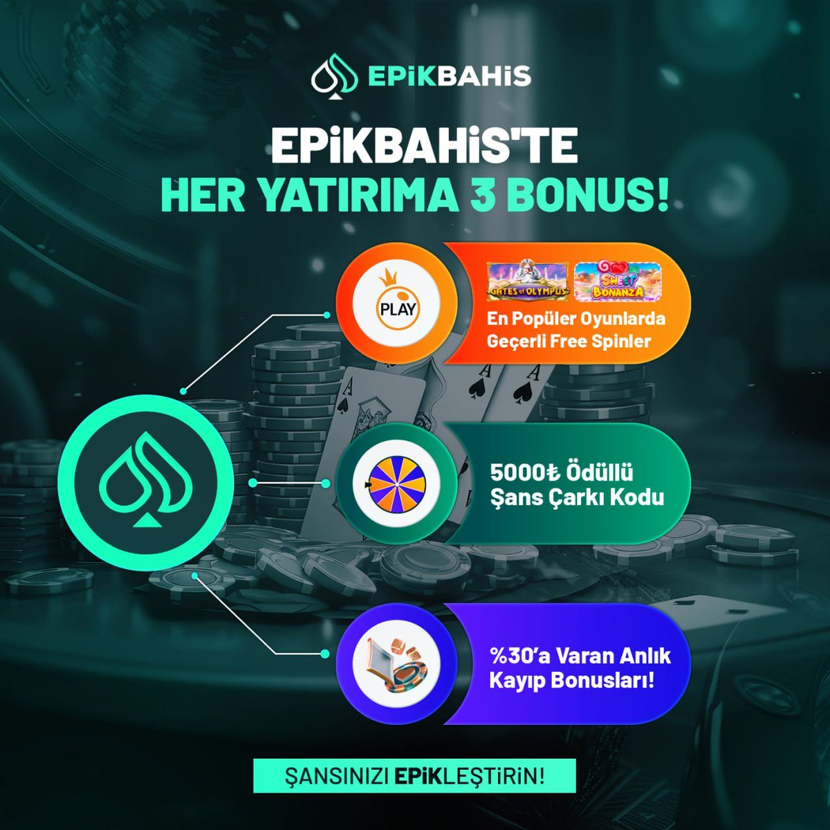 EPİKBAHİS'TE TEK YATIRIMA 3️⃣ BONUS 🟢 250₺ ve üzeri her yatırımınıza özel 3️⃣ bonus ile kazanmak çok kolay! 🔵Tek yatırımınıza 💙Yatırım Bonusu Ya da %30'e Varan Kayıp Bonusu 💙Yatırıma Ek Free Spin 💙5.000 TL Nakit Ödüllü Şans Çarkı! 🫶 Şansınızı Epikleştirin!