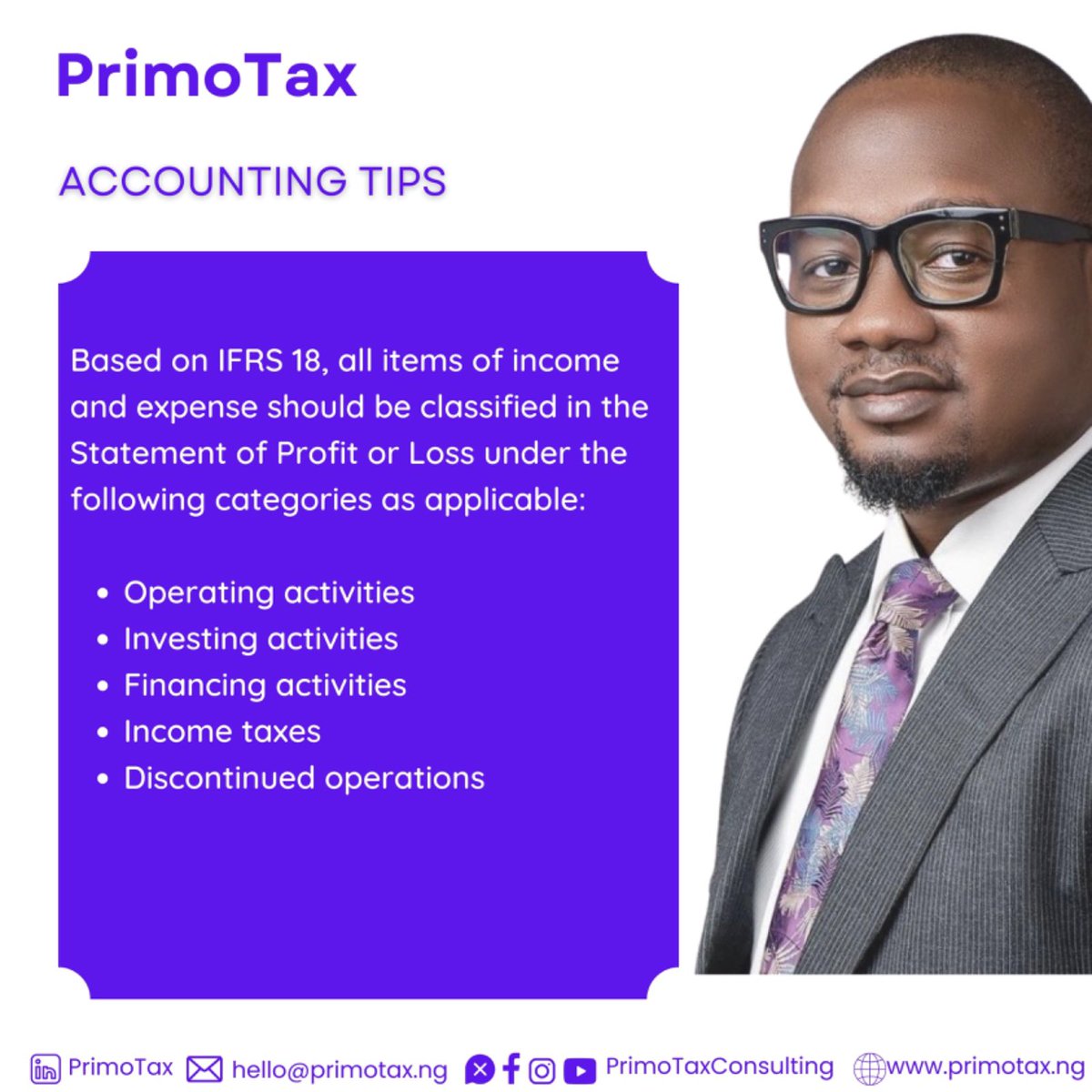 #AccountingTips

Based on IFRS 18, items of income & expense should be classified in the Statement of Profit or Loss under the following categories as applicable:

✅ Operating activities
✅ Investing activities
✅ Financing activities
✅ Income taxes
✅ Discontinued operations