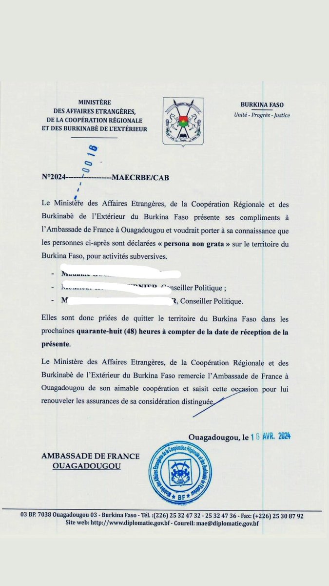 Military government in Burkina Faso has declared 3 French diplomats persona non grata. According to this note addressed to the French embassy, the three have been requested to leave the territory of Burkina Faso within the next 48 hours.