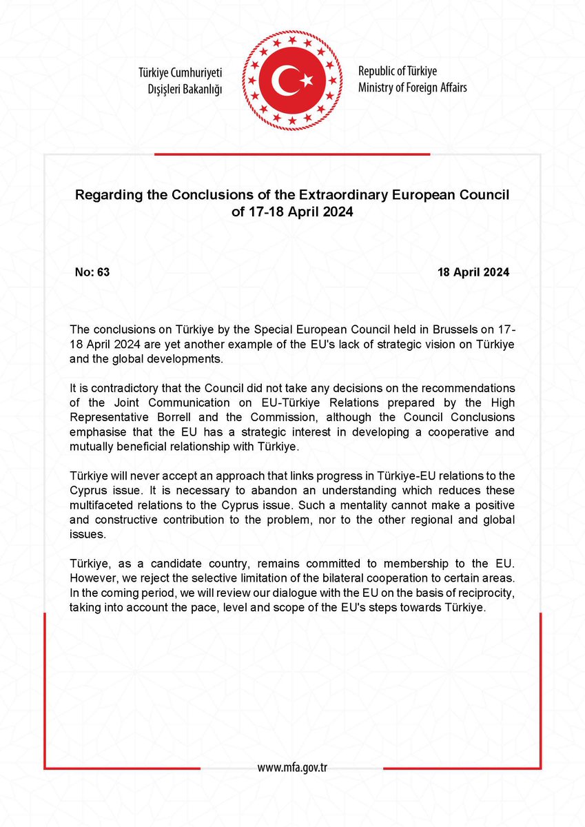 MFATurkiye's tweet photo. Regarding the Conclusions of the Extraordinary European Council of 17-18 April 2024 https://t.co/RhUErqEFyj https://t.co/N3pK9oNGAz