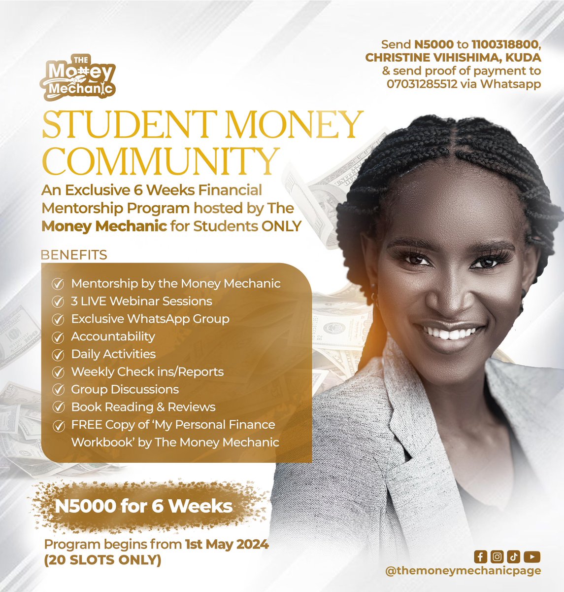 Please refer a university student in your life to join THE STUDENT MONEY COMMUNITY! 

This financial coaching program is specially brought to you by #themoneymechanic 

Students can join in from anywhere 🌎 

#studentmoneycommunity