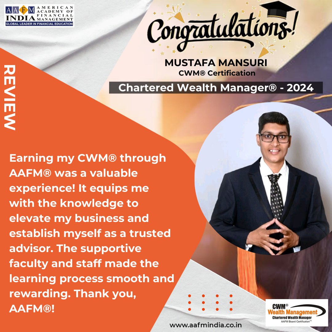 AafmIndia's tweet photo. Achieving New Heights! Congratulations Mustafa Mansuri on Attaining the Chartered Wealth Manager Designation. Your dedication to lifelong learning is an inspiration to all in the financial industry. 

#charteredwealthmanager #charteredesignation #cwm #cwmsahihai #aafm #aafmindia https://t.co/Uv11qF4Xc0