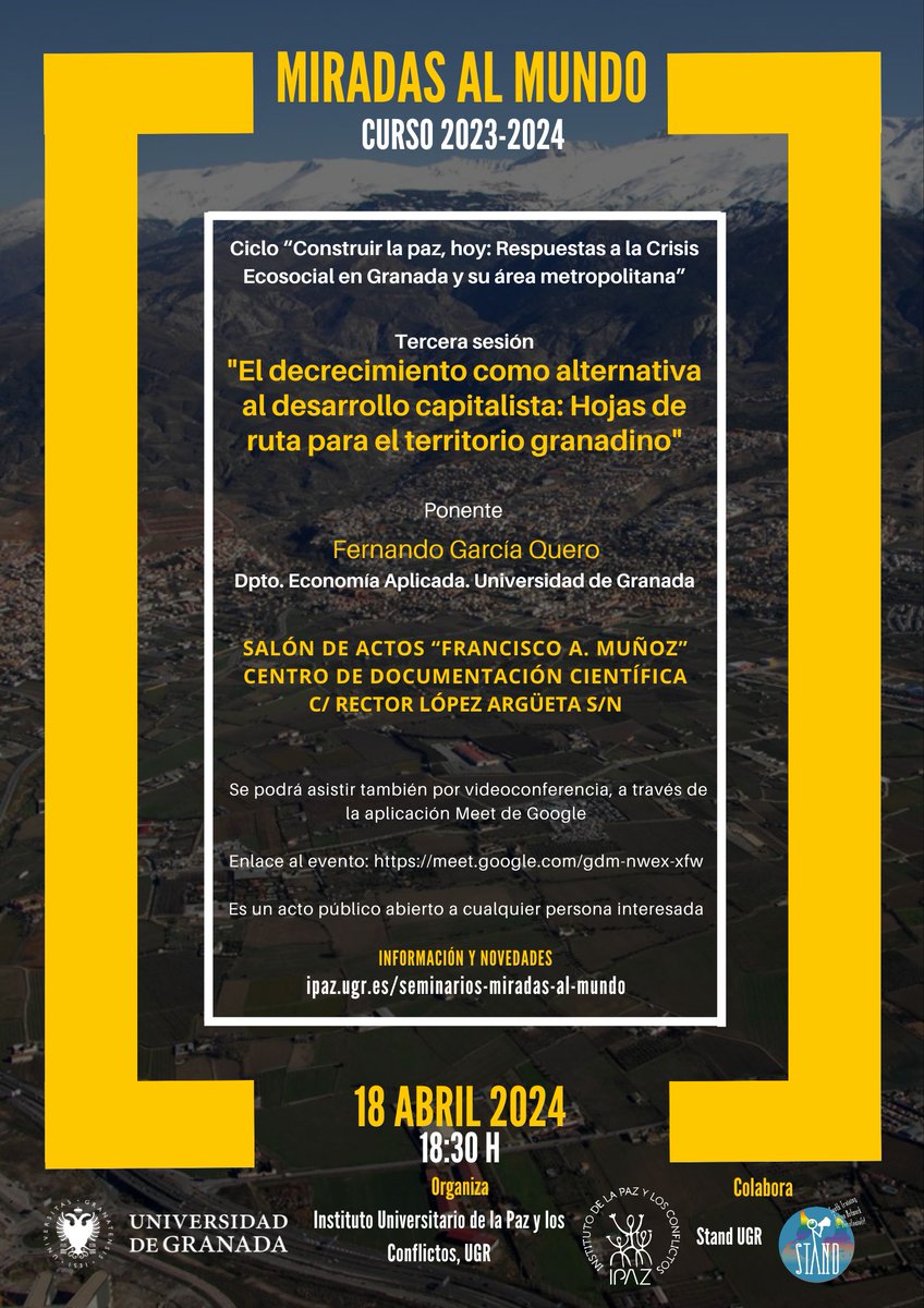 FGQuero's tweet photo. Por si alguien tiene interés, esta tarde hablaré sobre "Teorías del Desarrollo y Decrecimiento" en los seminarios Miradas al Mundo del @IPAZGranada

📆Jueves 18 abril
⏰18:30 https://t.co/xqUPiv8CbE