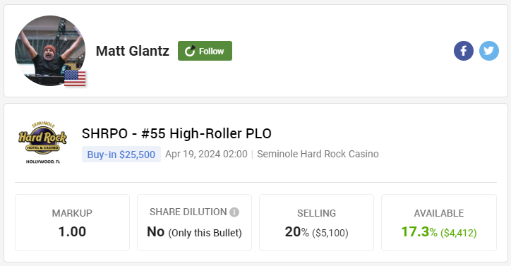 Don't miss @MattGlantz 's high-roller PLO event at Seminole Hard Rock Casino, which starts tomorrow! pokerstake.com/staking/poker-…