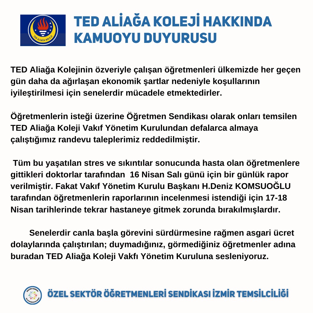 ogretmensendika's tweet photo. İzmir | @TEDAliagaKoleji öğretmenlerine
Saygı yok! 
Güvence yok! 
Hak yok!
Gelecek yok! 
Öğretmenlerin insanca yaşam koşulları yok!
Geçen seneden bu yana öğretmenlerin tüm çabasına rağmen asla muhatap alınmamaları, TED Aliağa yönetim kurulu tarafından iletişim kanallarının kalın duvarlarla örülerek değersizleştirme , yok sayma tavrı kabul edilemez. 
Kutsal olan insanca yaşamaktır! 
Kutsal olan onurlu yaşamaktır! 
Eşitlik, adalet, hak kavramlarına önce öğretmenler sahip çıkıp savunurlar ki öğrencilerine sorgulamayı öğretebilsinler!
@TEDAliagaKoleji öğretmenleri kararlı, dik duruşlarıyla artık haklarını vermeyen herkesin karşısında. Onlar meslek onurlarının yerle bir edilmesine asla izin vermeyecek. Günlerdir ordan oraya sürüklediğiniz öğretmenlerin yanında sendikaları var artık. Emekten yana olan herkes öğretmenlerin yanında. Vakıf yönetimi öğretmenin koşullarını iyilestirinceye ve onlara saygı duymayı öğreninceye kadar dalga dalga büyüyecek öğretmenlerin hak direnişi.

@PetkimOfficial
@TEDAliagaKoleji
@spehlivanoglu
@denizkomsuoglu
@KaanSekbann
@nowhaber
@NowTurkiye4K
@ShowTV
@showanahaber
@KanalD
@halktvcomtr
@Vatan
@skaraismailoglu
@baharerisontwit
@35aliaga_MEM
@izmir_ilmem