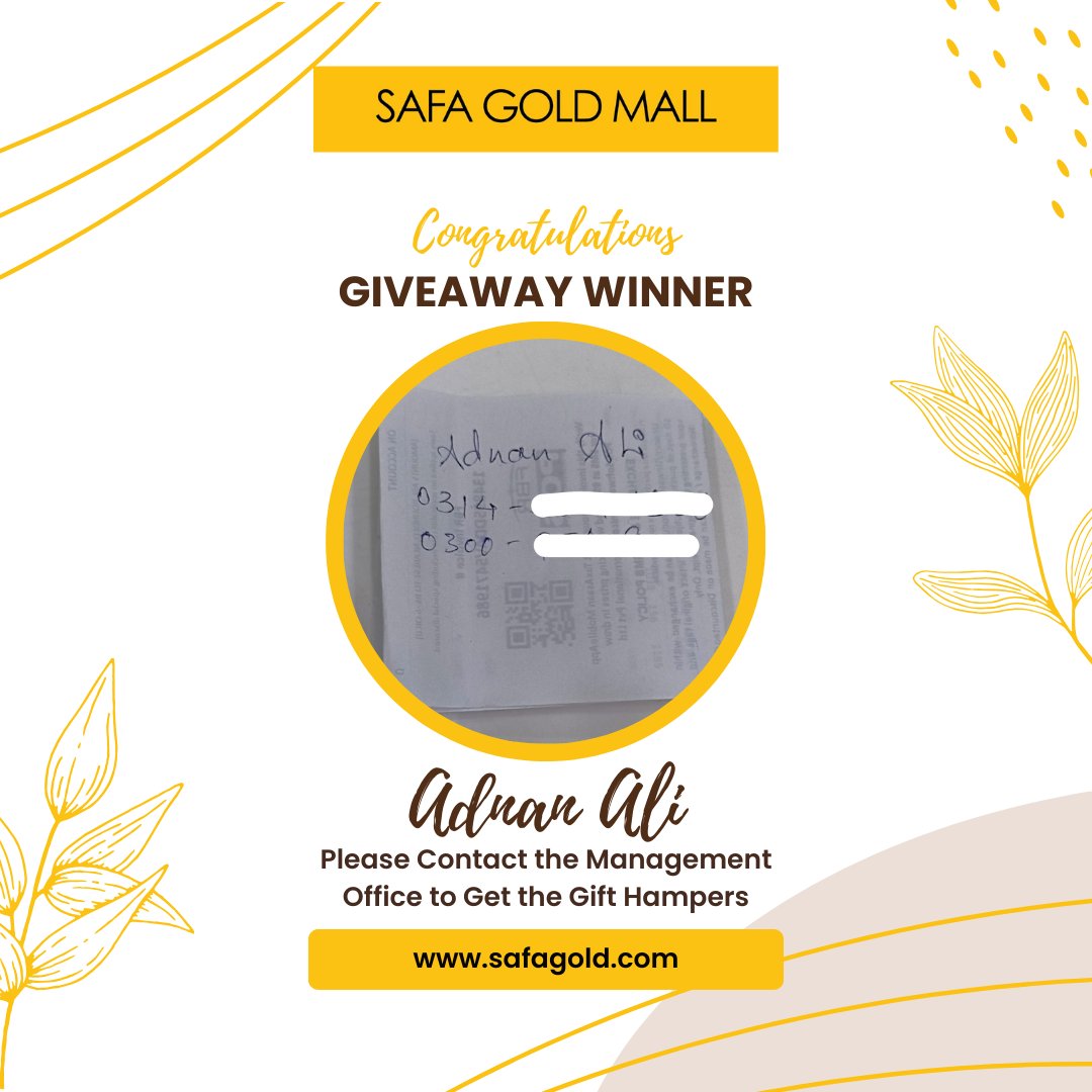 Congratulations to Adnan Ali, our lucky winner on day 7 of the 10 Years Celebration Lucky Draw at Safa Gold Mall! 🎉✨ Join us in celebrating a decade of excellence with exciting prizes and surprises every day! Stay tuned for more winners and celebrations ahead!

#safagoldmall