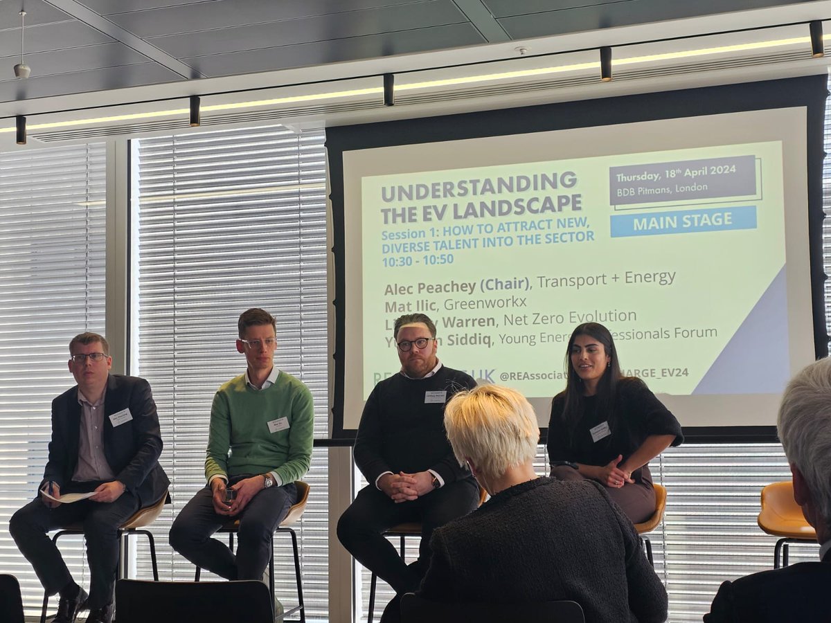REA (@reassociation) on Twitter photo @NinaSkorupska <a href="/EVAEOfficial/">EVA England</a> <a href="/JamesRCourt/">James Court</a> One of the first sessions of the day, <a href="/Transprt_Energy/">Transport + Energy</a> founder Alec Peachey chairs a panel asking how we can attract a younger, more diverse workforce into the EV sector - joined by @IlicMat, Lindsay Warren of <a href="/net0evolution/">Net Zero Evolution</a>, and <a href="/YumannSiddiq/">Yumann Siddiq</a>
#RECHARGE_EV24 @NinaSkorupska <a href="/EVAEOfficial/">EVA England</a> <a href="/JamesRCourt/">James Court</a> One of the first sessions of the day, <a href="/Transprt_Energy/">Transport + Energy</a> founder Alec Peachey chairs a panel asking how we can attract a younger, more diverse workforce into the EV sector - joined by @IlicMat, Lindsay Warren of <a href="/net0evolution/">Net Zero Evolution</a>, and <a href="/YumannSiddiq/">Yumann Siddiq</a>
#RECHARGE_EV24