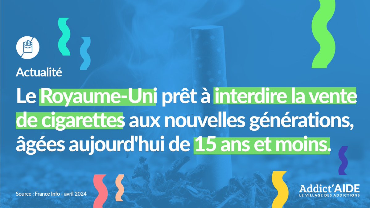 Mardi 16/04, le Royaume-Uni 🇬🇧 a voté un projet de loi, qui interdirait la vente de #tabac aux jeunes nés après 2009. 🚭 Un projet qui s'inscrit dans la politique anti-tabac ambitieuse du 1er ministre, mais décrié par les conservateurs. En savoir + 👉 addictaide.fr/au-royaume-uni…