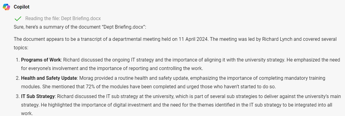 lynchit's tweet photo. A plethora of AI tools popping up on campus for summarising meetings.  I just saved the Teams transcription, upload to @MSFTCopilot (in my  org  tenancy obvs) and asked it to summarise our dept briefing.  Did a great job.... makes me sound like I know what I'm taking about! https://t.co/C0khjSmSdj