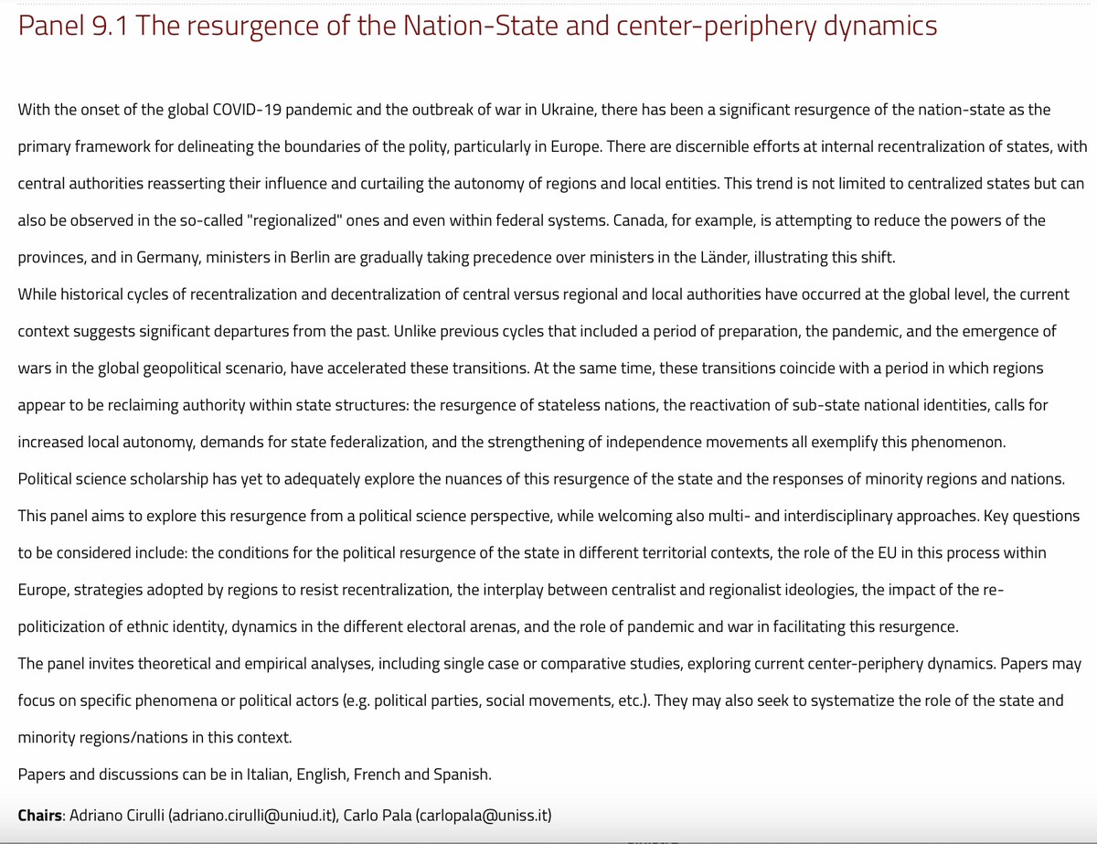 🚨Call for papers <a href="/sisp__/">Società Italiana di Scienza Politica</a> Conference 2024 
Panel 'The resurgence of the Nation-State and center-periphery dynamics' chaired by Adriano Cirulli and Carlo Pala.
📌Deadline for abstract submission 31 May 2024 
👉sisp.it/en/conference2…