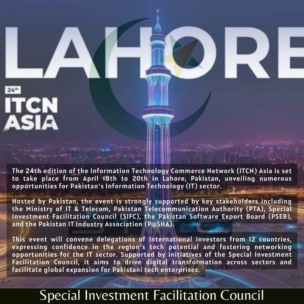 Join us at ITCN Asia 24, April 18th-20th in Lahore, Pakistan, supported by key stakeholders and attracting global investors for Pakistan's IT sector growth. Let's embrace digital transformation together 🇵🇰 🔗 sifc.gov.pk #SIFC #ITCNAsia #TechInvestment