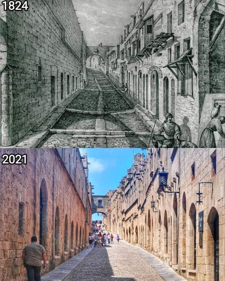 The Street of the Knights in Rhodes Island, approximately 200 years apart.

#archaeology #history 
#ancientcivilizations