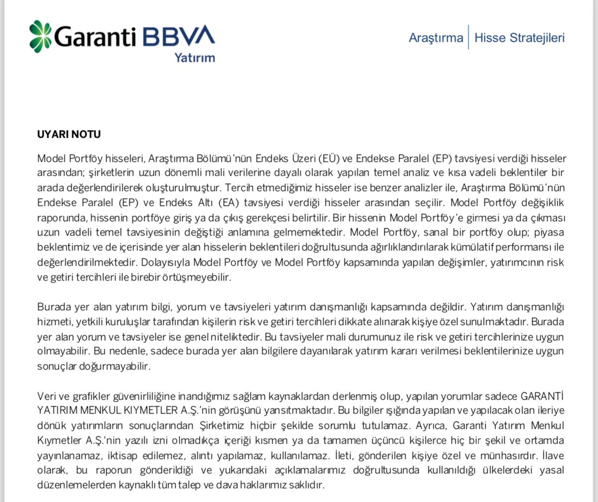 Garanti BBVA Model portföy raporu yayınladı. #SOKM ‘yi model portföyden çıkardı. #xu100