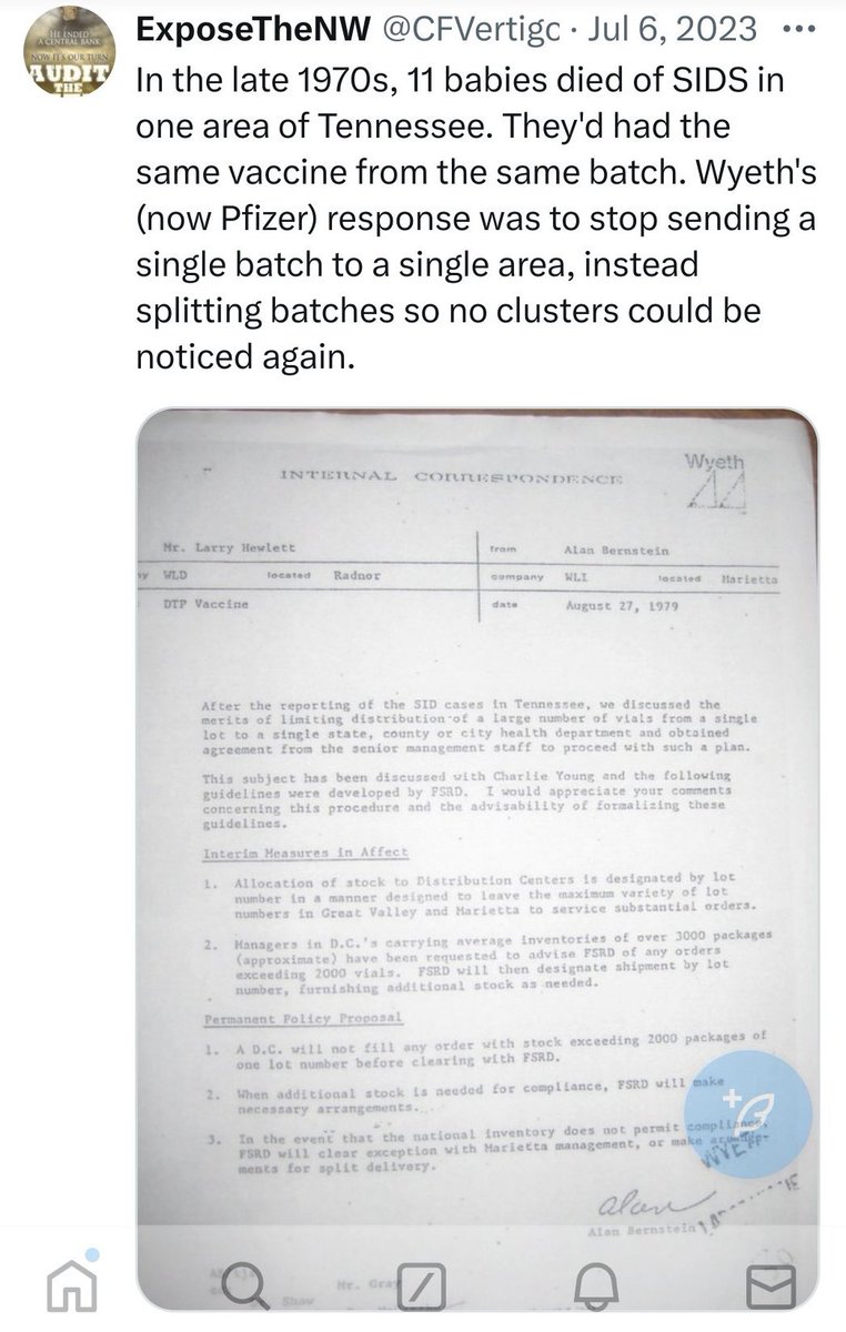 In the late 1970s, 11 Babies died of SIDS in one area of Tennessee. They’d had the same Vaccine from the same Batch. Wyeth’s (now Pfizer) response was to stop sending a single Batch to a single area, instead splitting Batches so no clusters could be noticed again.