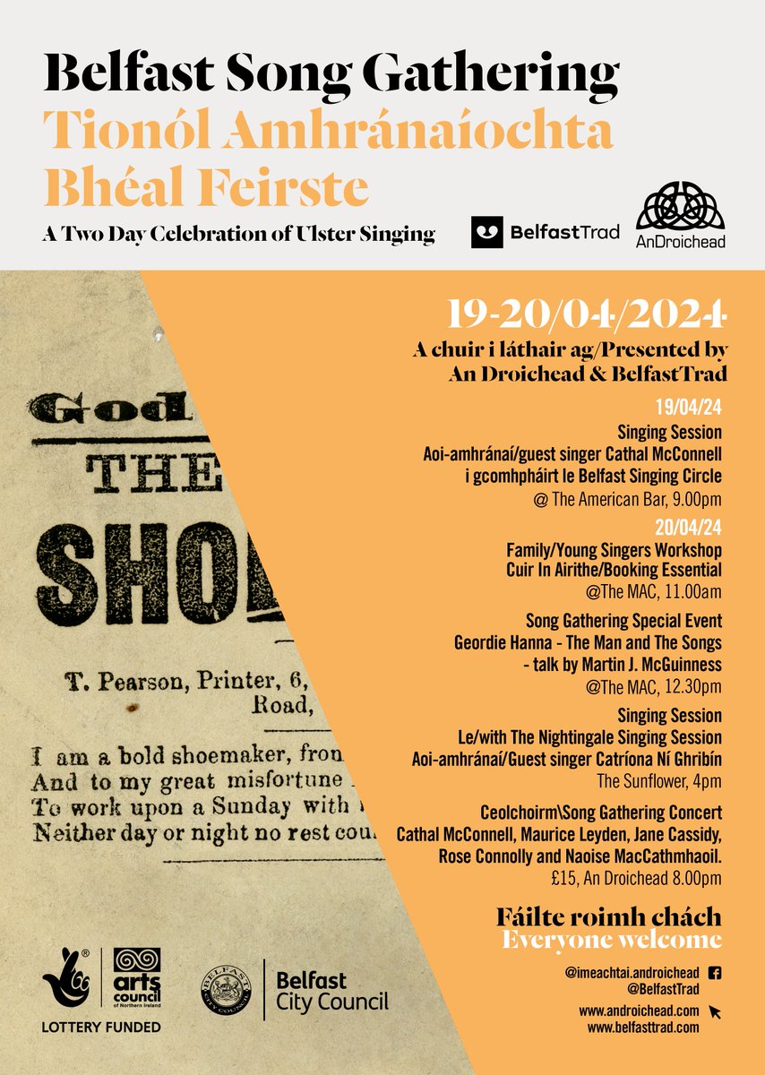 Arts Council of Northern Ireland (@artscouncilni) on Twitter photo Got plans for the weekend?
Belfast Song Gathering is back this Friday & Saturday (19 -20 April) with a selection of events celebrating Ulster Song 🎶
Visit belfasttrad.com/events-calenda… to find out more.
<a href="/BelfastTrad/">BelfastTrad</a> <a href="/an_droichead/">An Droichead</a> #ACNISupported #NationalLottery Got plans for the weekend?
Belfast Song Gathering is back this Friday & Saturday (19 -20 April) with a selection of events celebrating Ulster Song 🎶
Visit belfasttrad.com/events-calenda… to find out more.
<a href="/BelfastTrad/">BelfastTrad</a> <a href="/an_droichead/">An Droichead</a> #ACNISupported #NationalLottery