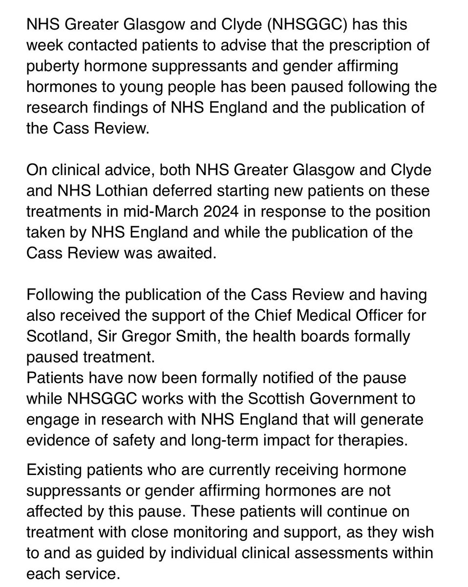 So this statement and that by Sandford says puberty blockers etc for new patients were halted mid-March before the final Cass report and in line with what NHS England did. Why has the Scot Govt not said this when questions were asked since Cass was published? Bizarre