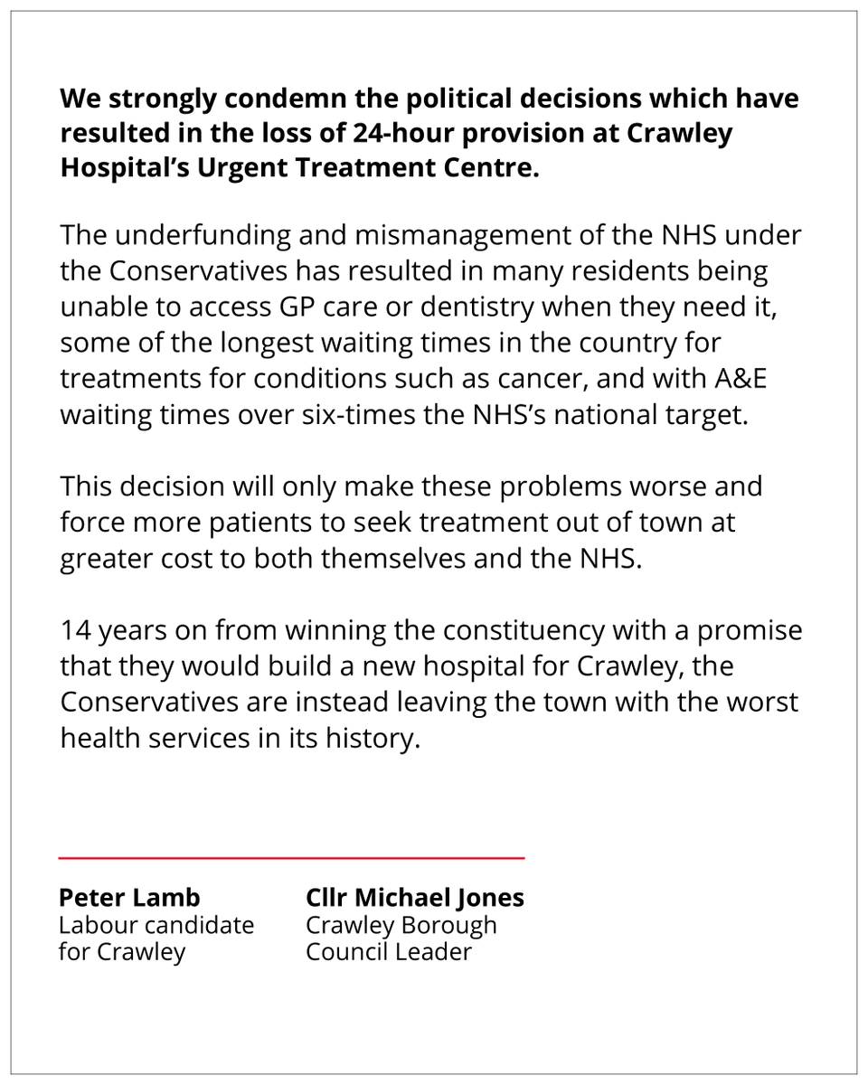 Our response to the announcement last night regarding Crawley Hospital. Change to Crawley Urgent Treatment Centre opening hours - NHS Sussex Community NHS Foundation Trust sussexcommunity.nhs.uk/news/trust-new…