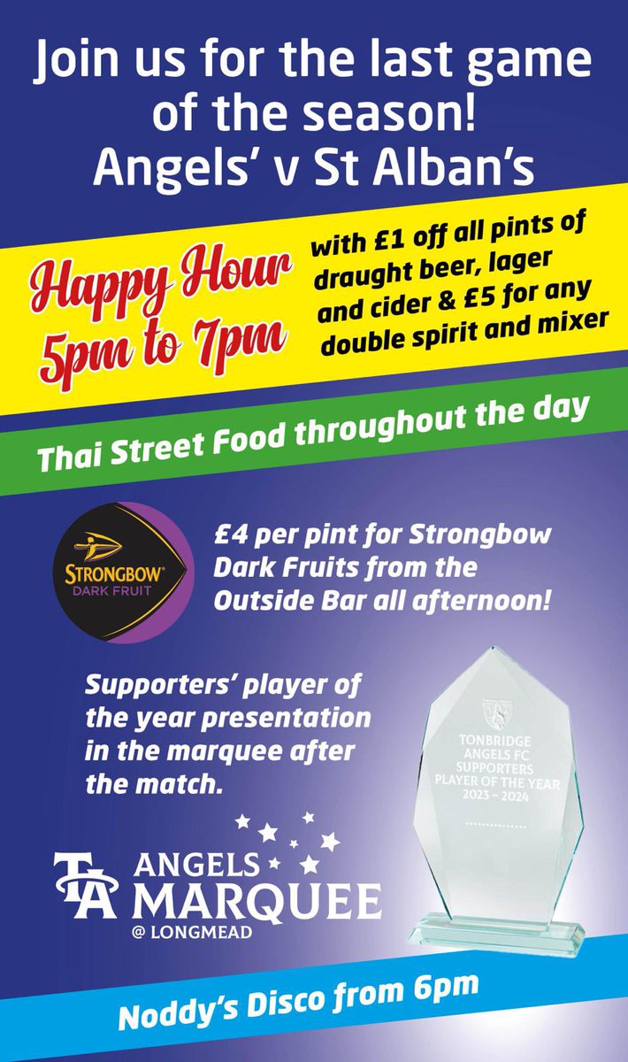 🍺 𝗙𝗜𝗡𝗔𝗟 𝗦𝗔𝗧𝗨𝗥𝗗𝗔𝗬 𝗦𝗣𝗘𝗖𝗜𝗔𝗟! 🍺 Strongbow, from the outside bar, £4 a pint 🍺 Pie and a Pint offer £7, available from the Pie Shack 😇 Happy Hour (5-7pm) in the Marquee 🍛 Thai Street Food available through the day 😇 Supporters’ Player of the Year Presentation