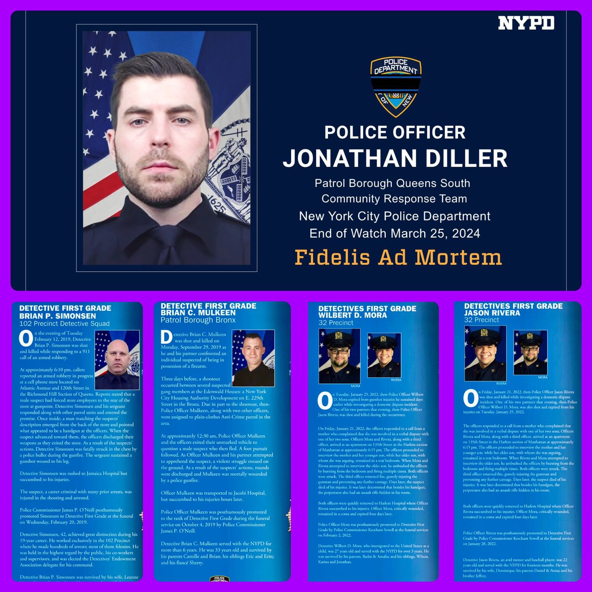 It's #Thursday, 24th #morning since the murder of #NYPD Officer #JonathanDiller.🕯

Since @RepAOC @AOC had taken office in 2019, 5 #NYC #Cops were killed in the #LOD. NOT ONCE had she acknowledged them & their families.

#AOC, I dare 🫵🏼 to say their names!

#BlueLivesMatter 💐🕯