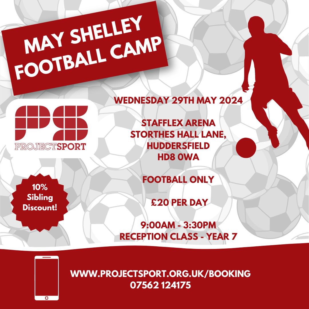 ⚽️ Join us for an action-packed day of football fun at our Shelley Football Camp on Wednesday, May 29th! 🏆 Don’t miss out on skill games, matches, tournaments, and thrilling penalty shootouts! Limited spots available, so BOOK now! projectsport.org.uk/booking 📲#ShelleyFootballCamp