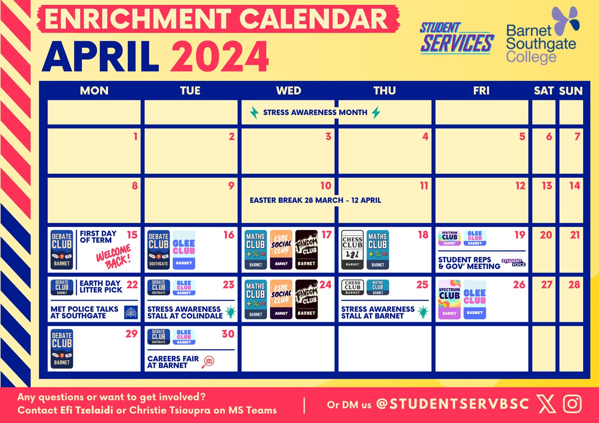 Check out the latest Enrichment calendar for April! 🗓️🐣🌸

Click here to access the live version, featuring links to event details and clubs’ Teams pages:
👉 bit.ly/EnrichmentCale…
 
Want to get involved? Our DMs are open! 📥

@barnetsouthgate #StudentEnrichment