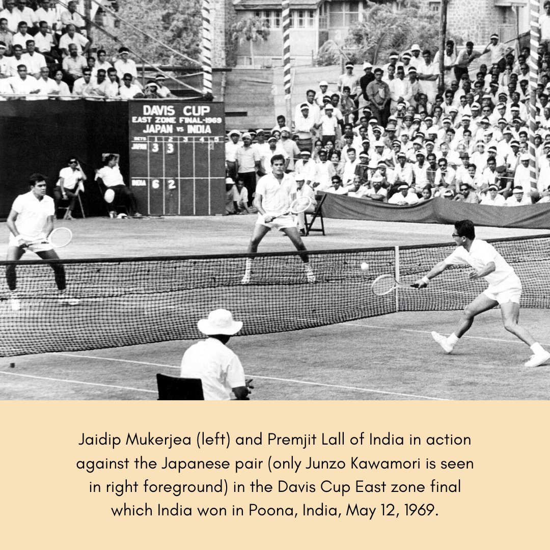 Jaidip Mukerjea (left) and Premjit Lall of India in action against the Japanese pair (only Junzo Kawamori is seen in right foreground) in the Davis Cup East zone final which India won in Poona, India, May 12, 1969.

#jaidipmukerjea @daviscup

#blastfrompast