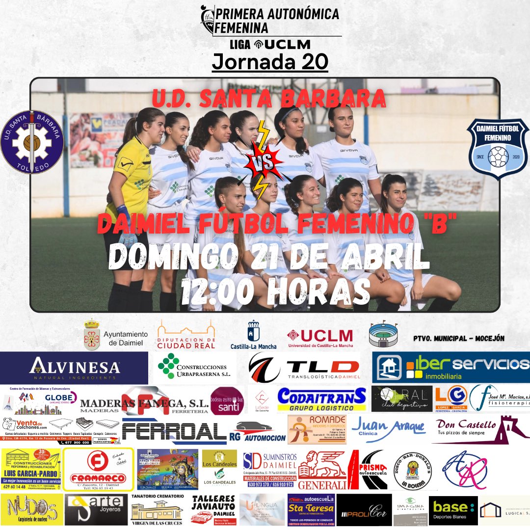 🔜 𝙋𝙍𝙊́𝙓𝙄𝙈𝙊 𝙋𝘼𝙍𝙏𝙄𝘿𝙊  | 𝙅. 𝟮𝟬

 🗓️ Domingo 21/04
 🏆 Liga UCLM 1ª Auto. Femenina. G2.
 🕕 12:00 Horas 
 🏟️ Ptvo. Municipal - Mocejón
 🆚 U.D. SANTA BARBARA

#daimielfutbolfemenino #primeraautonomicafem #Ligauclm #123abocaos #futfem 

🖤🤍💙