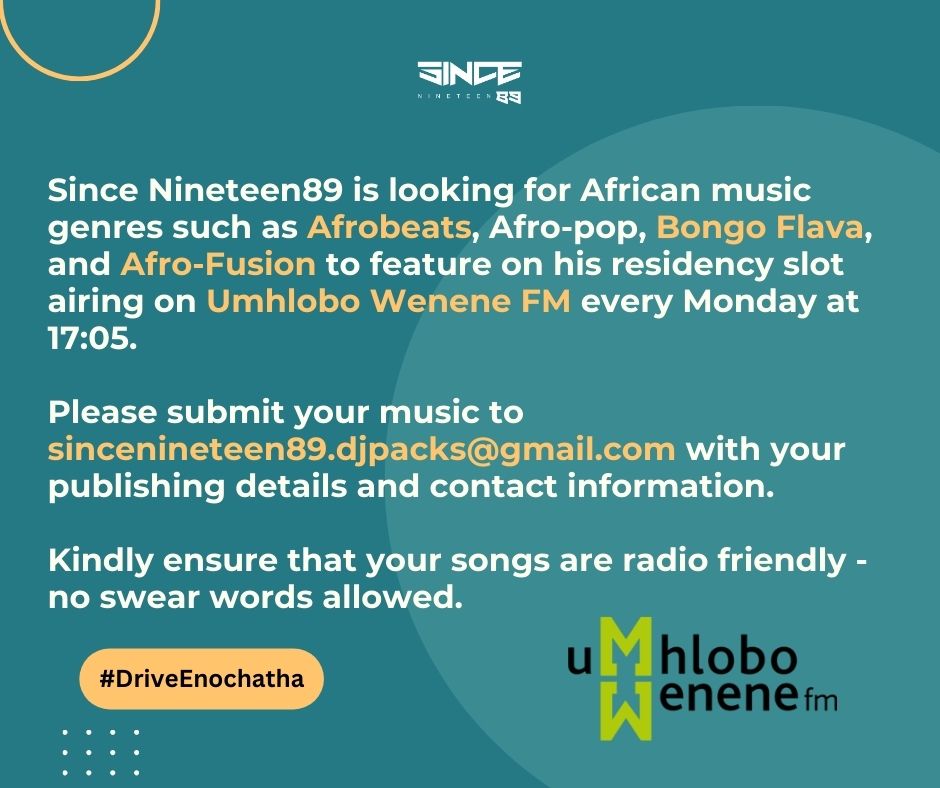 If you come across this post, feel free to share it with any artists you know or tag them. 

#DriveEnochatha #UWFMDrive #UWFM #ImpoloYabahlobo #UmhloboWenzaKakhulu #africanmusic #afrobeats #afropop #bongoflava #afrofusion