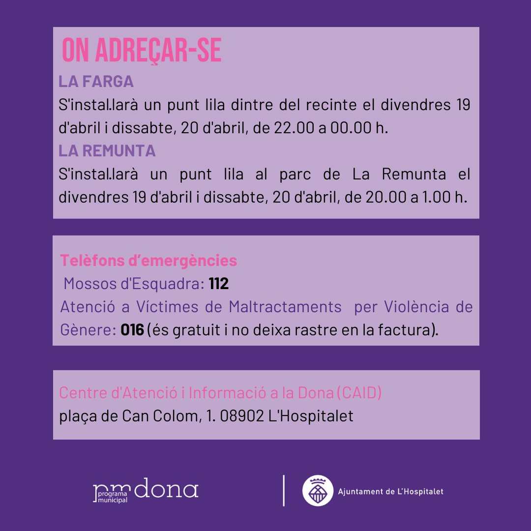 LHAjuntament's tweet photo. 🚀#PrimaveraLH🌺

🟣Els recintes de La Remunta i de La Farga comptaran amb punts lila durant els concerts de divendres i dissabte.

🟣L'objectiu és prevenir els abusos i atendre a les persones que hagin patit una agressió sexista.

🟣#LHospitalet contra les agressions sexistes✋ https://t.co/5jDCyLDkT7