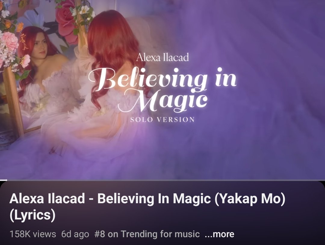 #8 on Trending for music 🎉🎉🎉
158k views 

#AlexaIlacad @alexailacad 
#AlexaBelievinginMagic