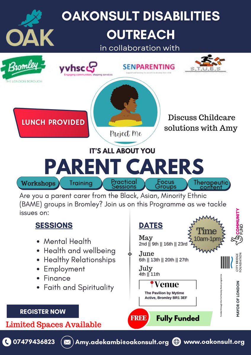 For Parent #Carers from #BAME communities in #bromley borough! Next 6 week session starts May 2nd 2024 Get in touch @OAKonsult to find out more and register #wellbeing