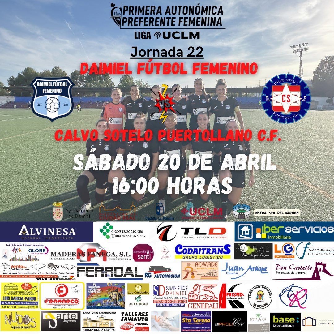 🔜 𝙋𝙍𝙊́𝙓𝙄𝙈𝙊 𝙋𝘼𝙍𝙏𝙄𝘿𝙊  | 𝙅. 𝟮𝟮

 🗓️ Sábado 20/04
 🏆 Liga UCLM 1ª Auto. Pref. Femenina
 🕕 16:00 Horas 
 🏟️ Nstra. Sra. del Carmen
 🆚 Calvo Sotelo Puertollano C.F.

#Daimielfutfem #PreferenteFemenina #Ligauclm #123abocaos #futfem 

🖤🤍💙