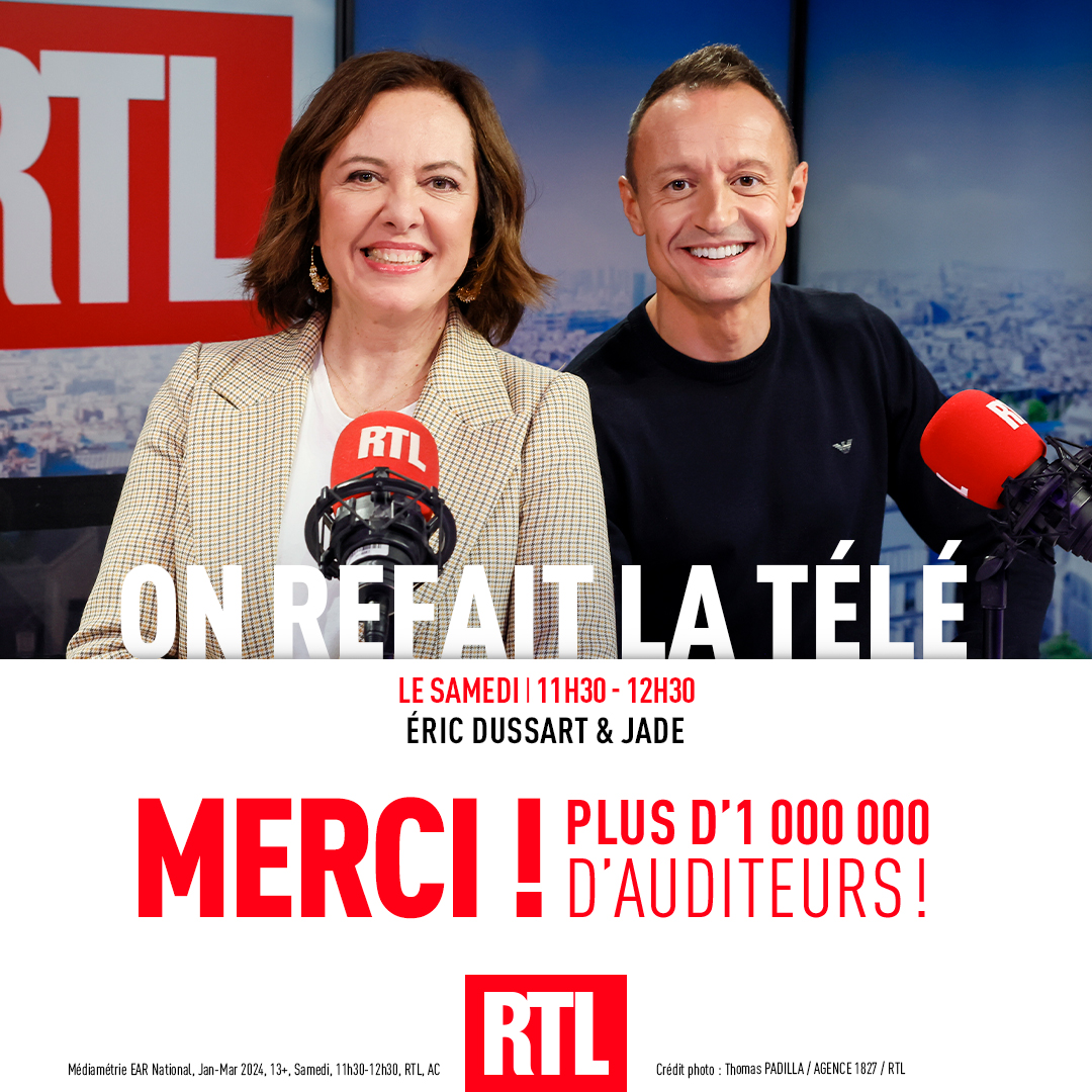 🎙🔴#AudiencesRadio MERCI ! 📈 Plus d'1 million d'auditeurs se refont la télé d'une grande personnalité chaque samedi sur @RTLFrance avec @OnRefaitLaTele de @E_Dussart et @JadeRTL ! #Radio #Médiamétrie #ORLT