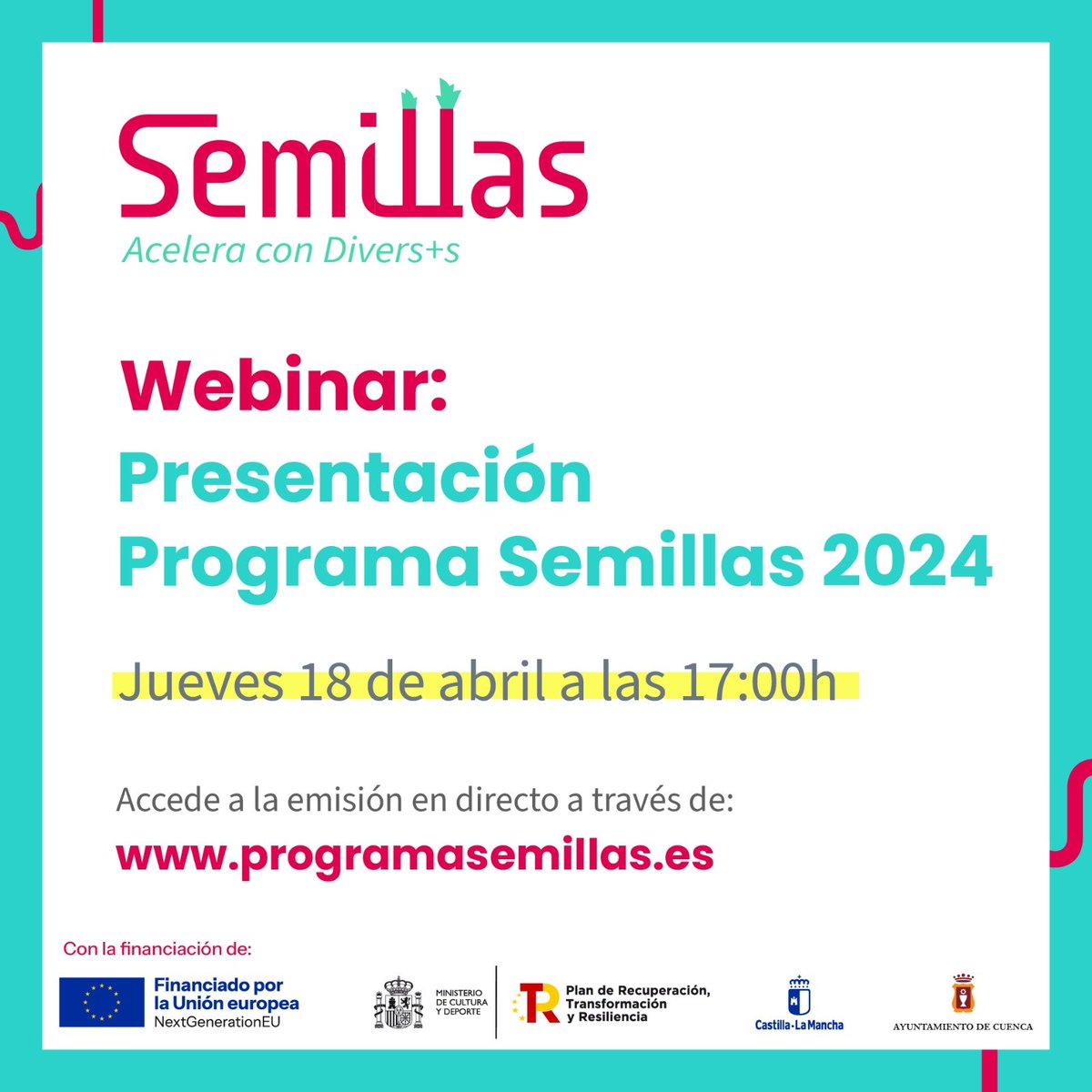 ¿Un RT? 
¿Sabes de persona nacida o residente en alguna provincia de Castilla-La Mancha con intención de poner en marcha una idea de negocio o proyecto en el ámbito de las #ICC?
A las 17h., sesión  informativa online de «Semillas. Acelera con DIVERS+S»
programasemillas.es