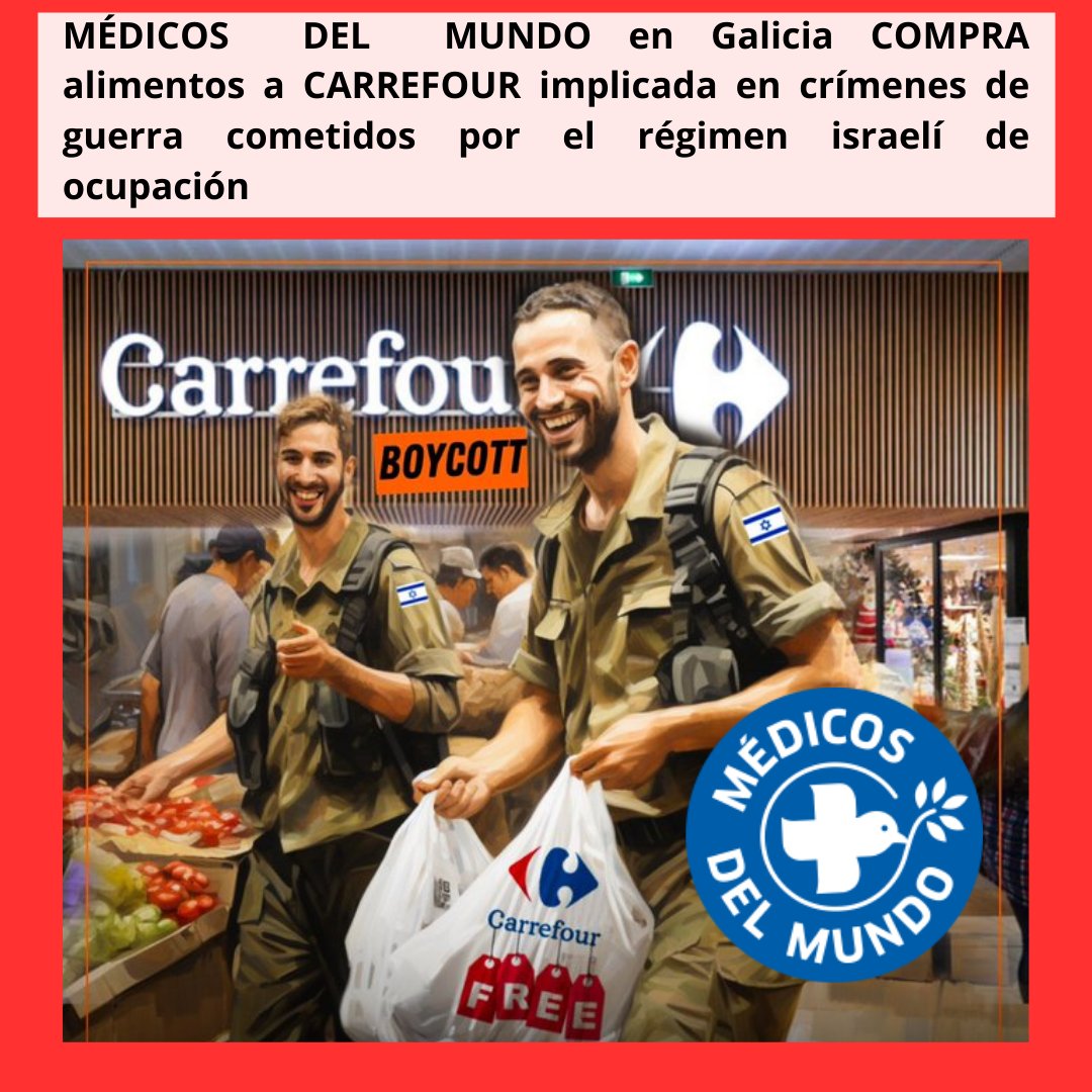 🚨 DENUNCIAMOS que @MedicosdelMundo en la comunidad de Galicia esta comprando (para las mujeres), con los millones de la subvención del Plan Camino, a CARREFOUR, implicada en el genocidio de #Gaza VERGÜENZA ‼️ #IndustriaDelRescate #BoicotCarrefour @IgualdadGob