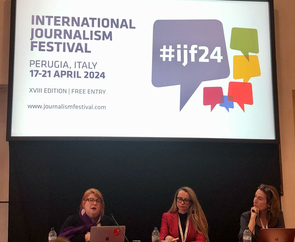 Safety of journalists has never been threatened more. @renatemargot emphasizes at @journalismfest that 'we need civic courage and recognition that journalism is a pulic good'. 'We need monitoring to prevent escalation of online threats to offline harm', says @julieposetti. #ijf24