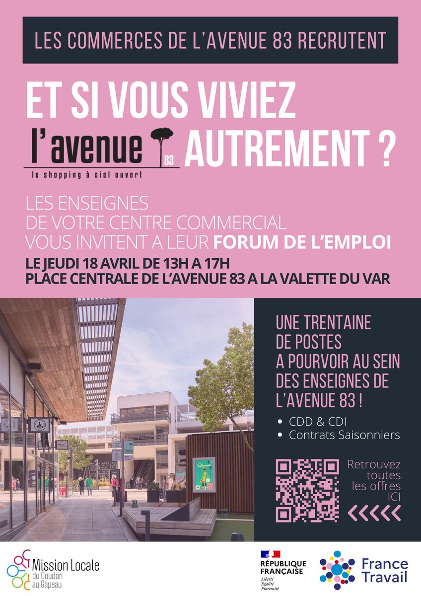 Très belle collaboration @FranceTravail #LaGarde, Mission Locale @CoudonGapeau & #Avenue83.
De la conception au démarchage des enseignes en passant par l’invitation des publics, le #ForumEmploiAvenue83 est le fruit d’un #TravailEnsemble de tous les instants pour les 3 partenaires