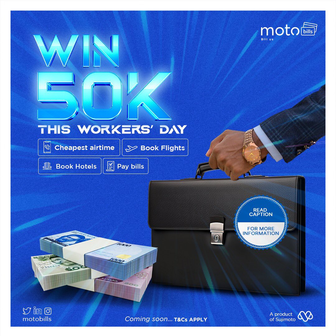 50,000 Naira #Giveaway Up for Grabs 🎉

All you have to do is;
1. Follow @Motobillsng & @motopayng 
2. Comment how seamless banking can help improve your finance as a 9-5 worker
3. Repost with hashtag, #Paybillswithmotobills

Offer valid till April 28th!

#workersday #Dollar