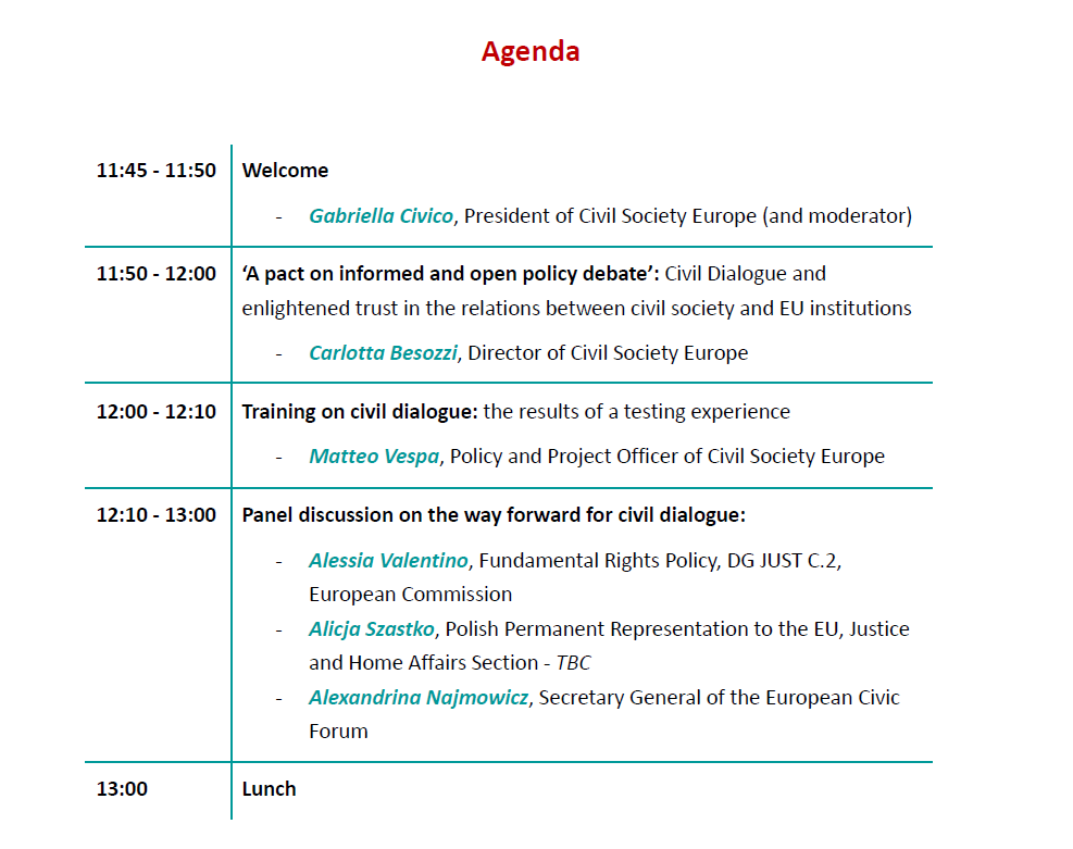 ‘A pact on informed and open policy debate’ will have the participation of: @g_civico, @CarlottaBesozzi, @vespa_matteo, Alessia Valentino, Alicja Szastko, and Alexandrina Najmowicz, from CSE, @EU_Commission, @PLPermRepEU & @EUCivicForum, respectively ℹ️ bit.ly/3xD8QgO