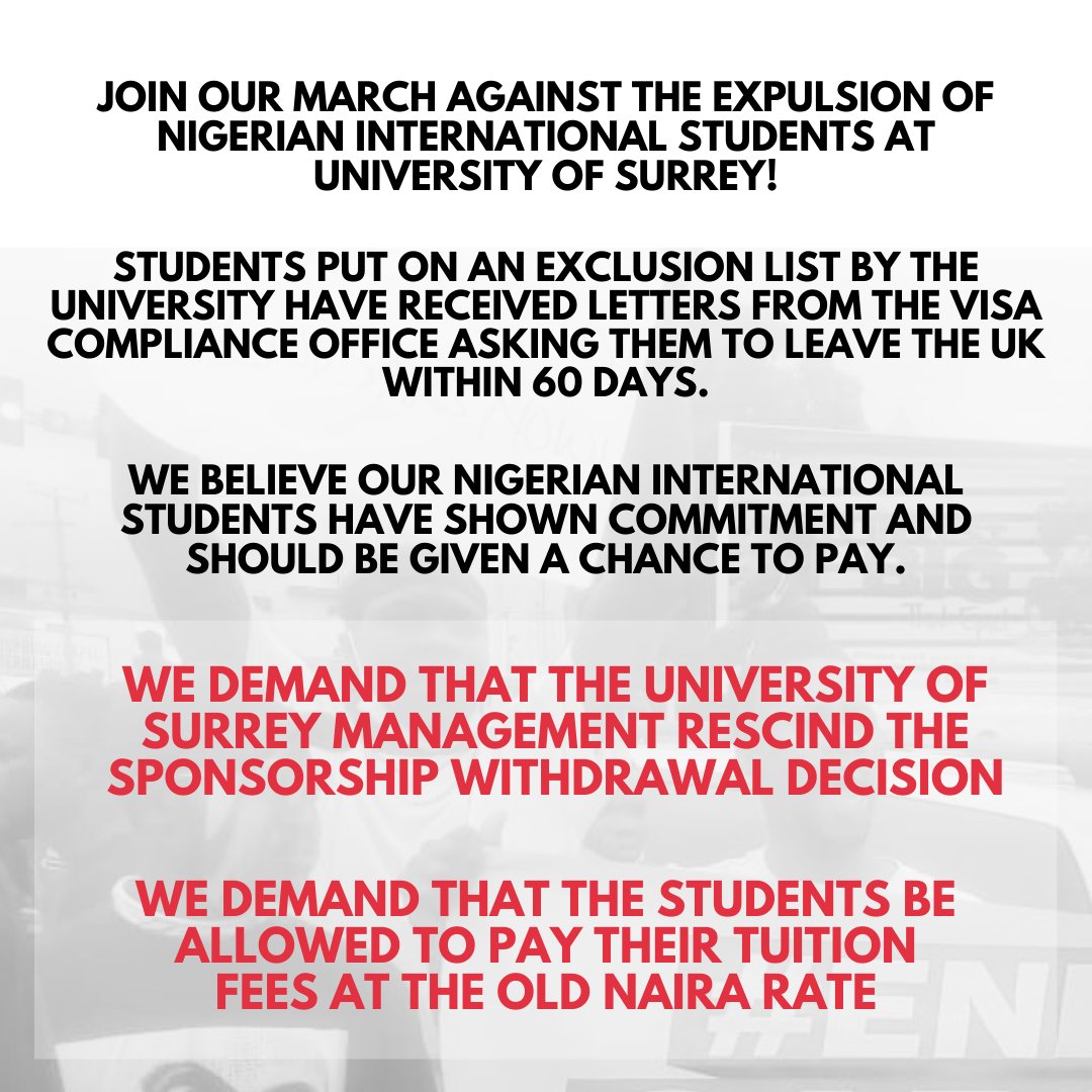 Stop expulsion of Nigerian students at University of Surrey! 

Emergency protest Monday 22 April 1pm @ The Hive, Surrey Uni (Stag Hill Campus)

@unis_unison @SurreyUCU @SurreyUnion @SurreySocialism #NigeriaSolidarityUK
