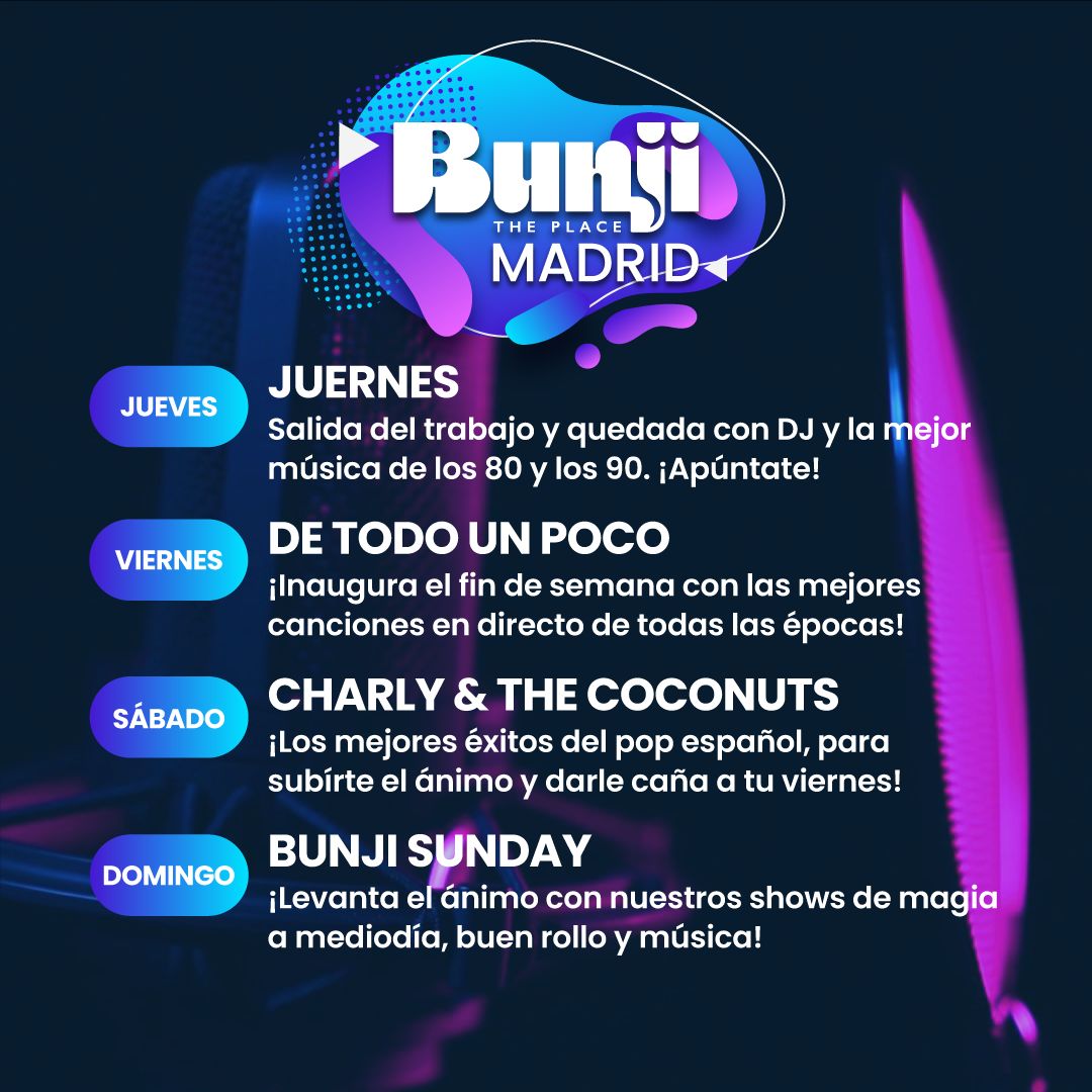 Bunjitheplace's tweet photo. ¡Ey, mates! 🎉 Este finde en Bunji Madrid promete ser épico. 😎 Música, ambientazo, comida deliciosa y tus compis de siempre. 🍔🥂 ¿Qué más se puede pedir? ¡Reserva ya y únete a la fiesta! 🤙 #BunjiMadrid #Planazo
https://t.co/ShunT1lY9a https://t.co/9qU4Xhqopk