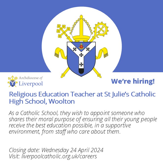 St Julie's Catholic High School, Woolton, are looking for a Religious Education Teacher. For more information, head to our careers page. liverpoolcatholic.org.uk/careers