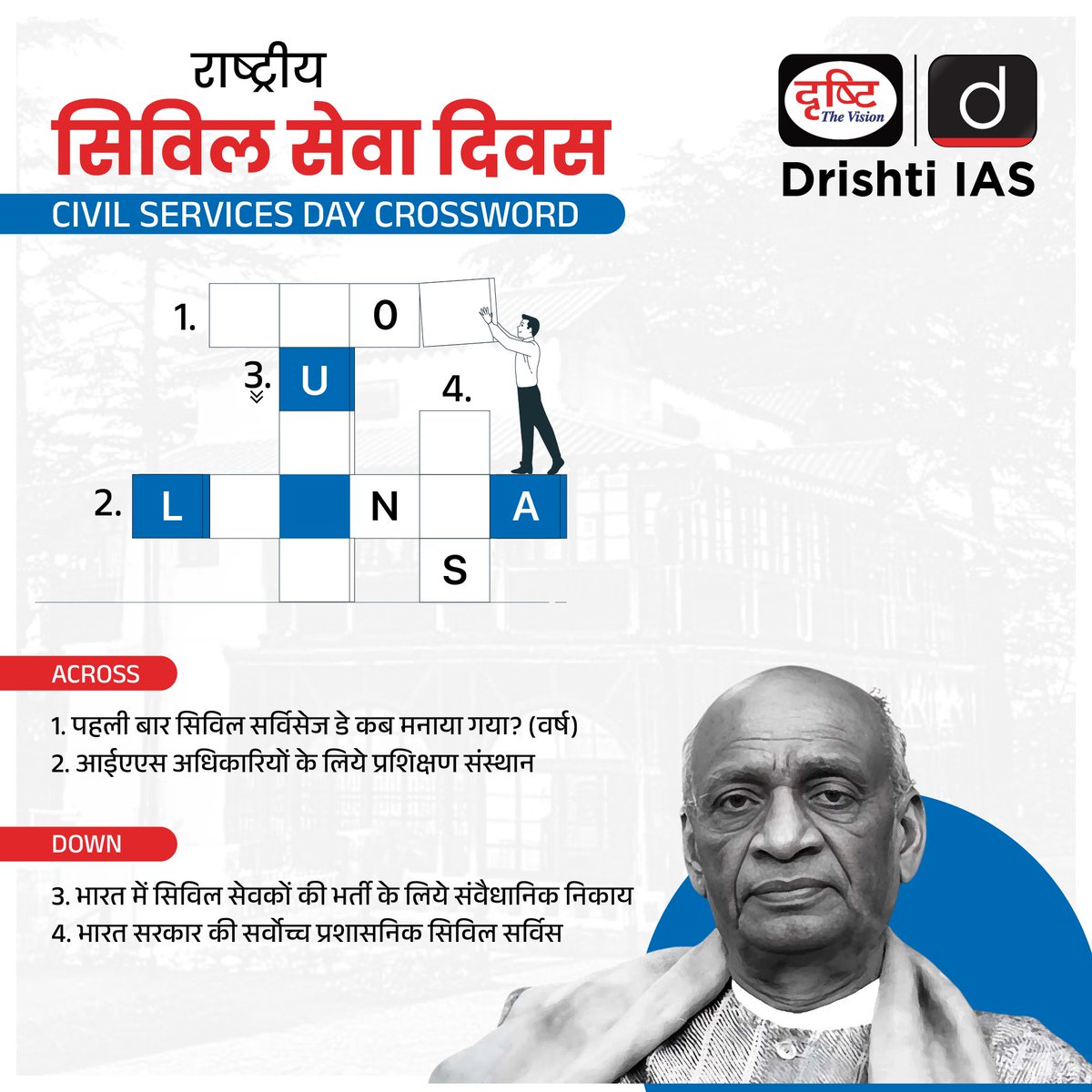 अपना उत्तर हमें कमेंट बॉक्स में बताएँ...

#CivilServiceDay #CivilServices #IAS #CivilServant #IndianBureaucracy #Bureaucrat #SteelFrame #GazettedOfficers #SardarPatel  #DrishtiSpecialDays #SpecialDaysDrishtiIAS #DrishtiIAS