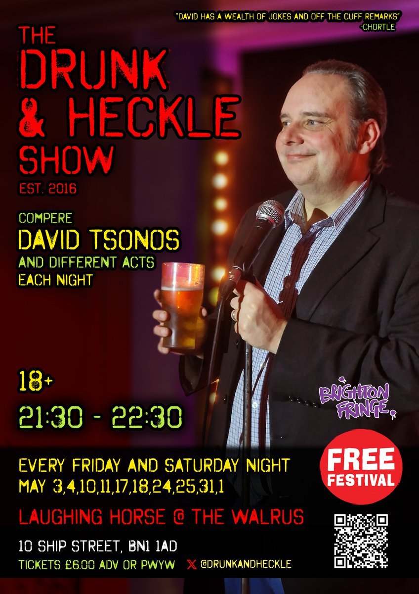 With @brightonfringe coming around the corner Get your tickets for the Drunk and Heckle show. brightonfringe.org/events/the-dru… Every Friday and Saturday night @walrus_brighton with @lhcomedy A little promo video here. youtu.be/ftgi8SyZH2o?si… #Brightonfringe #Brightoncomedy #Comedyuk