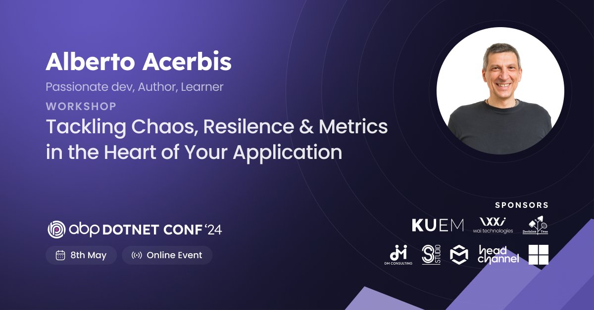 🎙️Welcome Alberto Acerbis @aacerbis to #abpconf24! Dive deep into his #workshop: 'Tackling Chaos, Resilience & Metrics in the Heart of Your Application.' 🙌 Ready to get hands-on with APIs and resilience using .NET? #dotnet #application abp.io/conference/2024