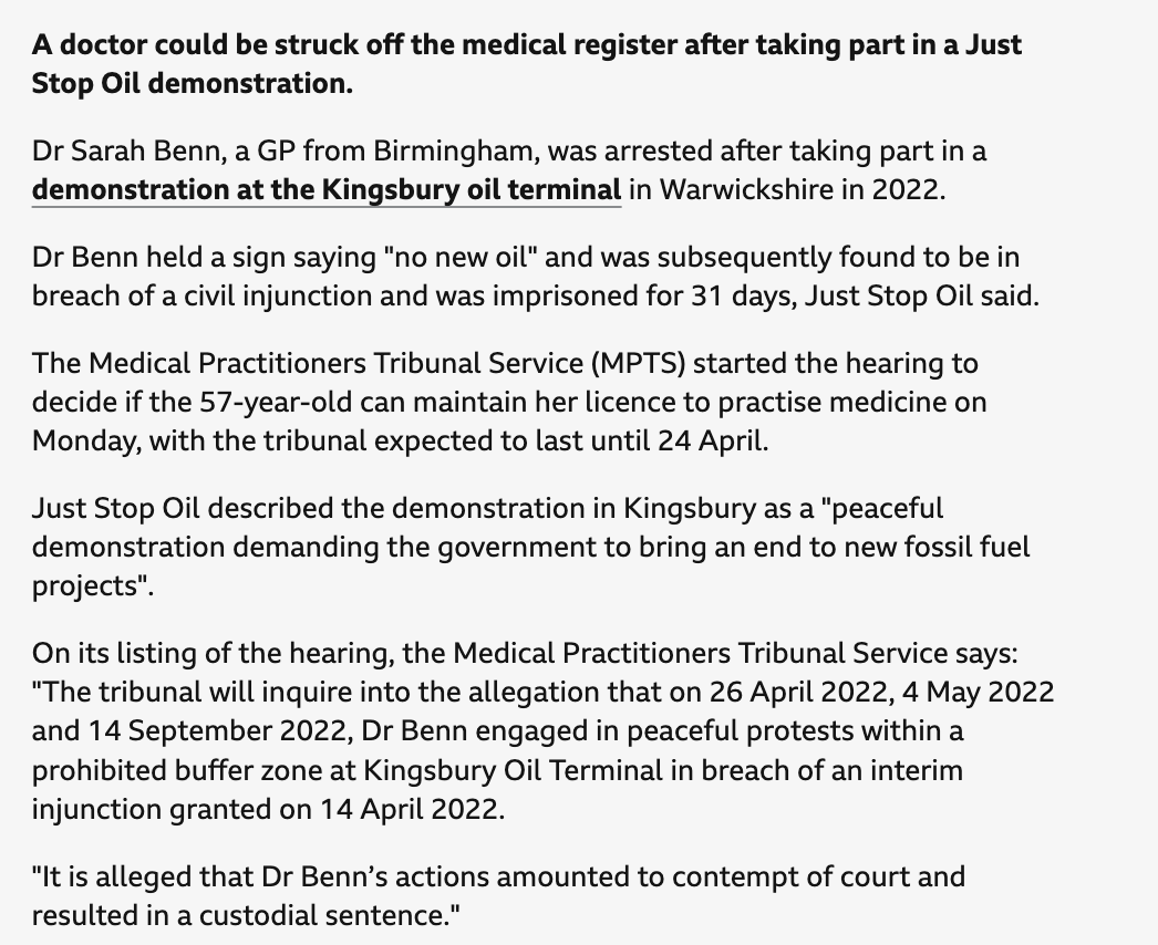 iainoverton's tweet photo. The idea Dr Sarah Benn could be struck off the medical register after taking part in a Just Stop Oil demonstration is very worrying. Her right to exercise peaceful protest - even if it leads to arrest -  has nothing to do with her capacity to carry out her duties as a Dr. 🧵 https://t.co/J1xAVkEfzI